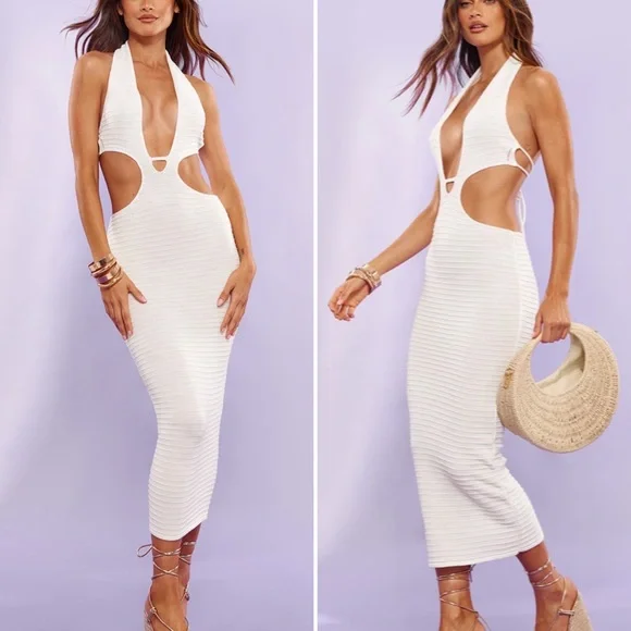 PrettyLittleThing White Cut-Out Maxi Dress - Picture 1 of 12